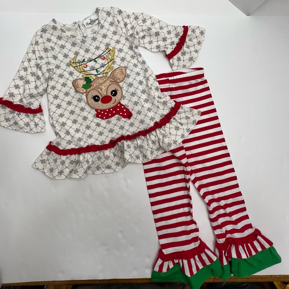Rare Editions Christmas Reindeer Top w/ Red/White Striped Leggings Girls Size 5